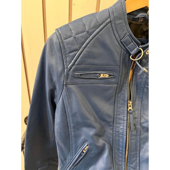 Decrum Genuine Leather Womens Blue Diamond Cafe Racer Jacket - XS - Picture 3 of 5